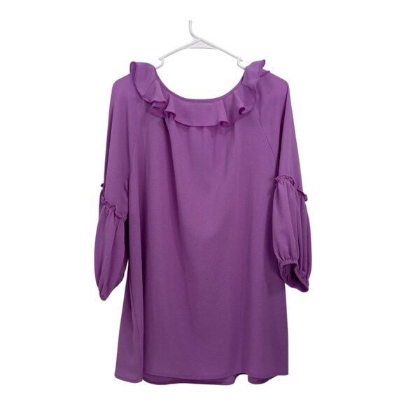 Seven Forty two Women Purple Ruffle Tie-Neck Blouse SZ Large 3/4 Puff Sleeves - Picture 9 of 10